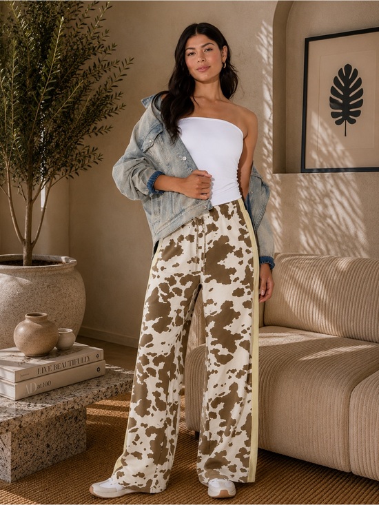 Grayson Threads Pants - Grayson Threads Wide Leg Cowprint Jogging Pants in Brown & White